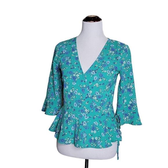 Divided H&M Wrap Ruffle Sleeve Peplum Tie Waist Floral Blouse 6 - Picture 1 of 13